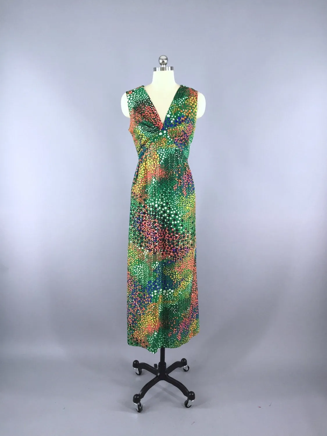 1960s Vintage Green Mod Print Maxi Dress