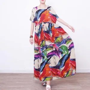 2018 prints linen maxi dress oversize o neck linen maxi dress Elegant short sleeve maxi dresses