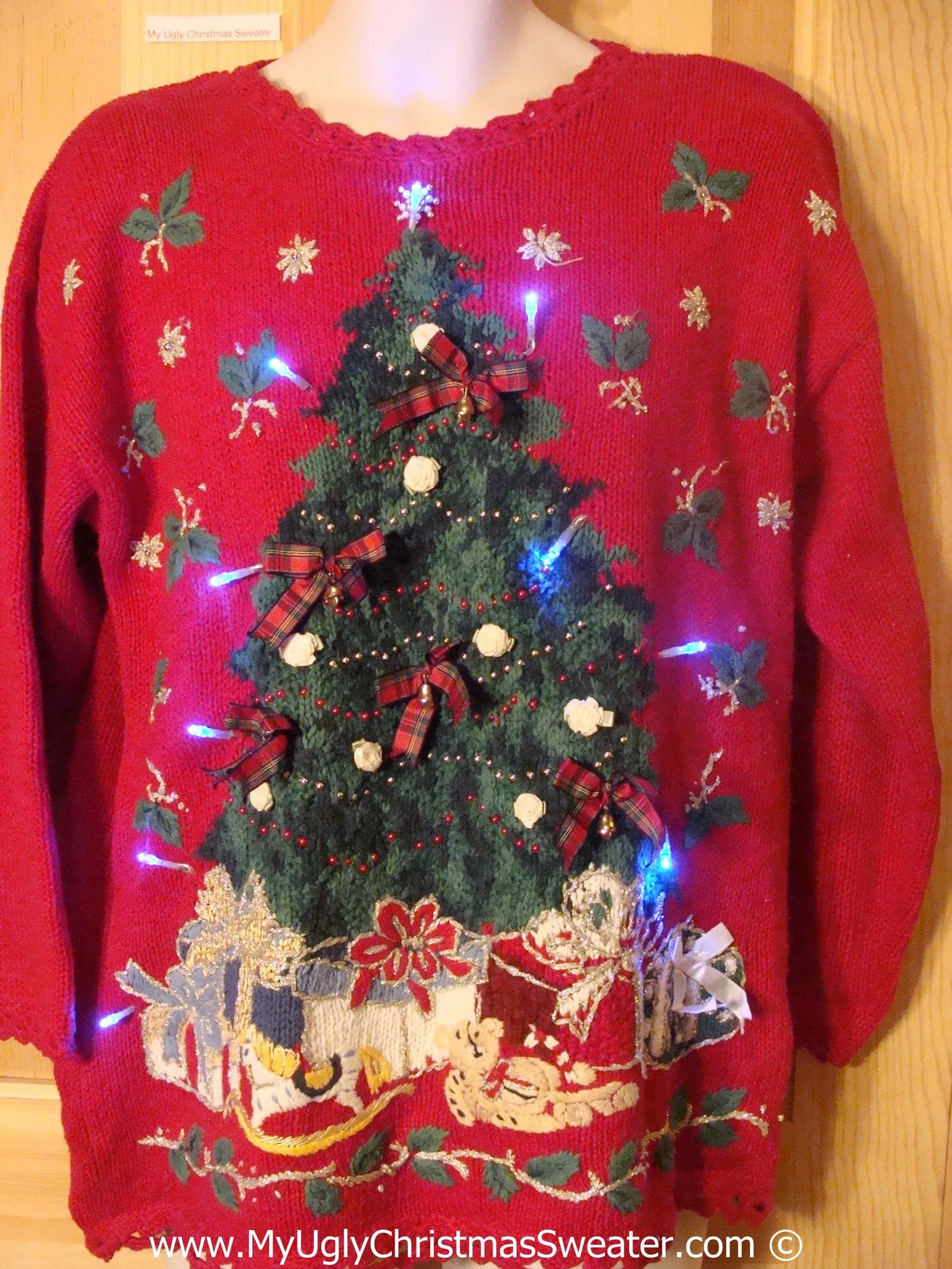 80s Red Christmas Sweater with Lights and Huge Tree (g219)