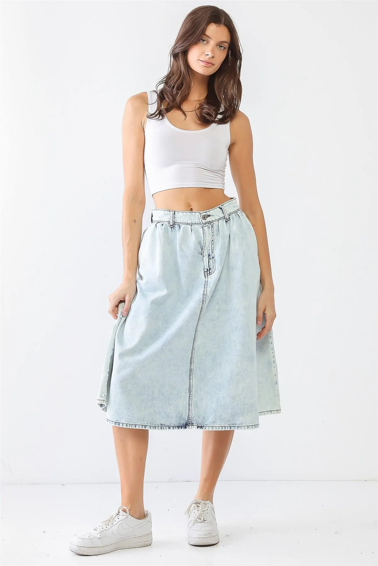 Acid Wash Denim Cotton Two Pocket Flare Hem Midi Skirt /1-2-1