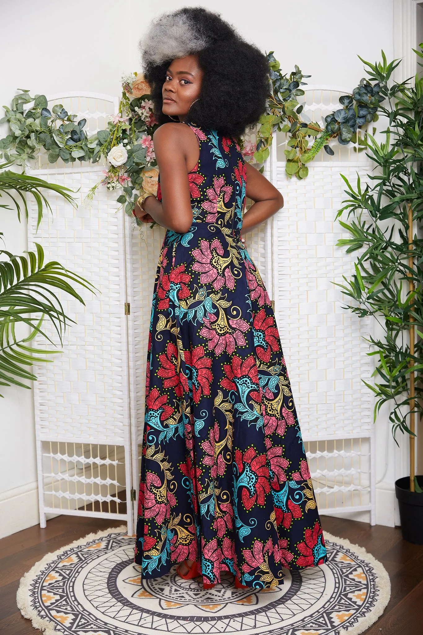 African Floral Print Sleeveless Maxi Dress in Navy Blue - Didi