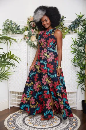 African Floral Print Sleeveless Maxi Dress in Navy Blue - Didi