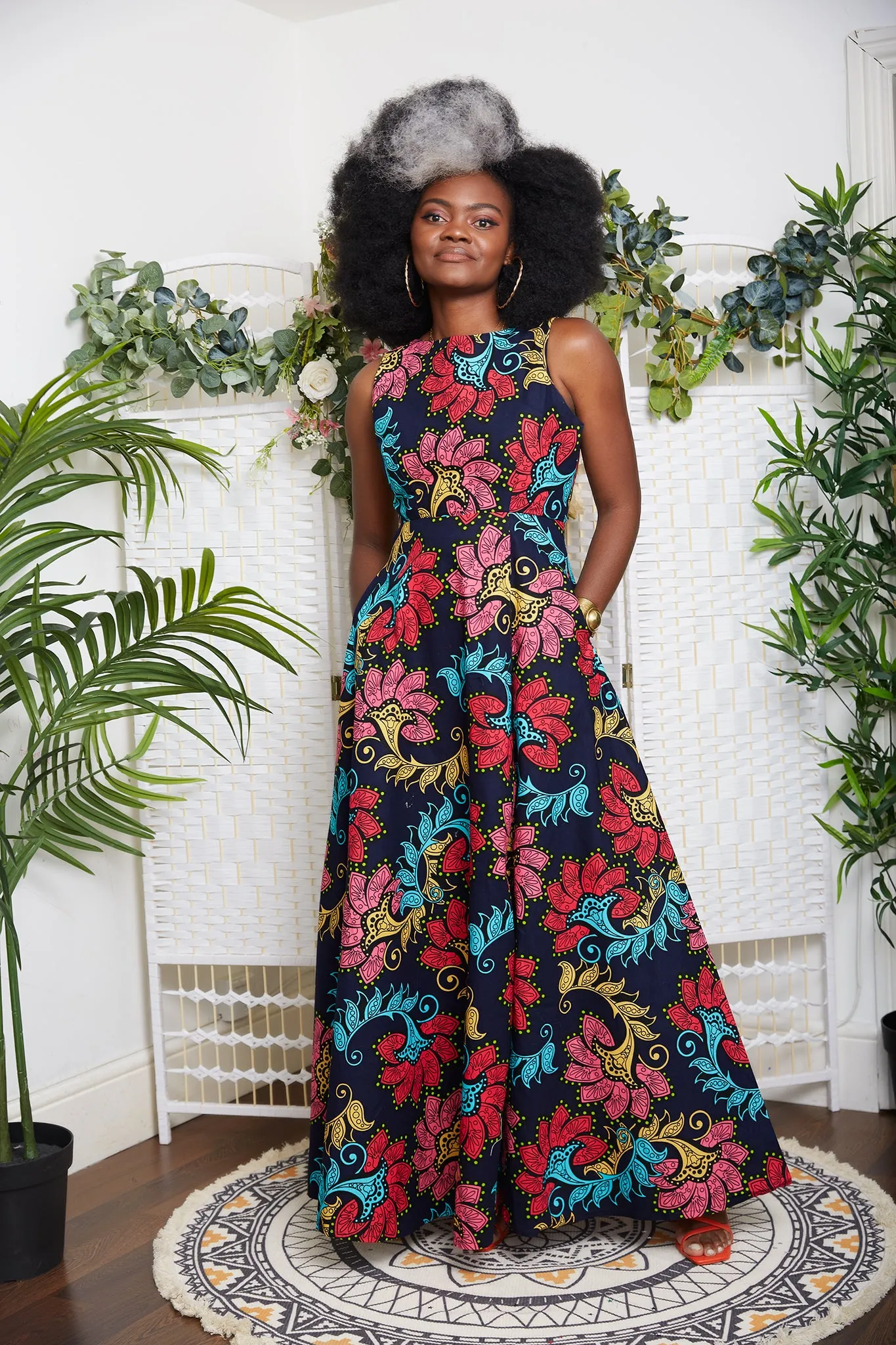 African Floral Print Sleeveless Maxi Dress in Navy Blue - Didi