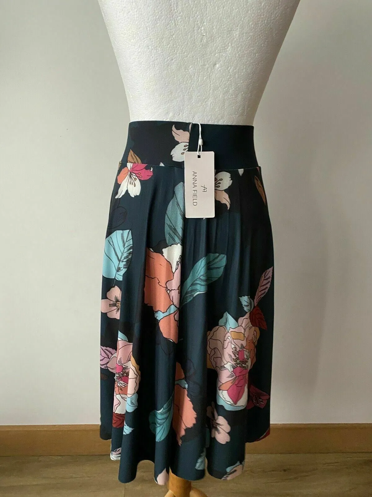 Anna Field Midi Skirt Size 8 Petrol Blue Floral