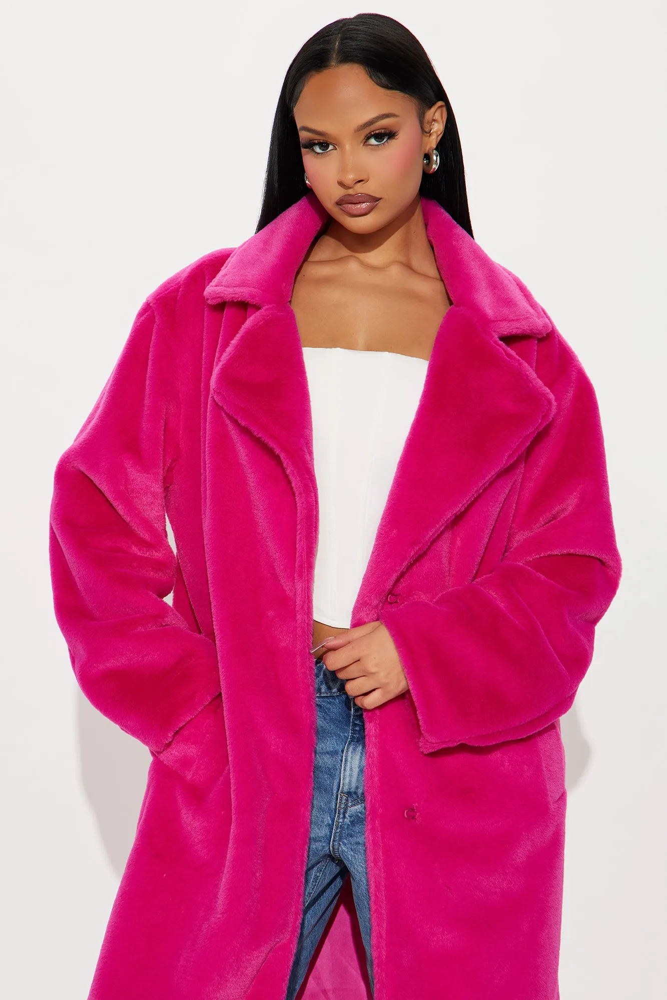 Ashley Faux Fur Trench Coat - Fuchsia