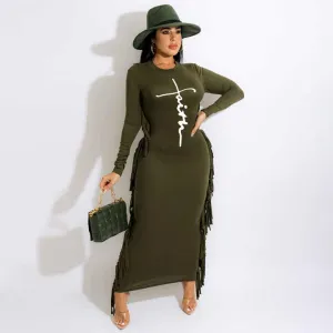 Beautiful Green FAITH Logo Long Sleeve Fringe Maxi Dress