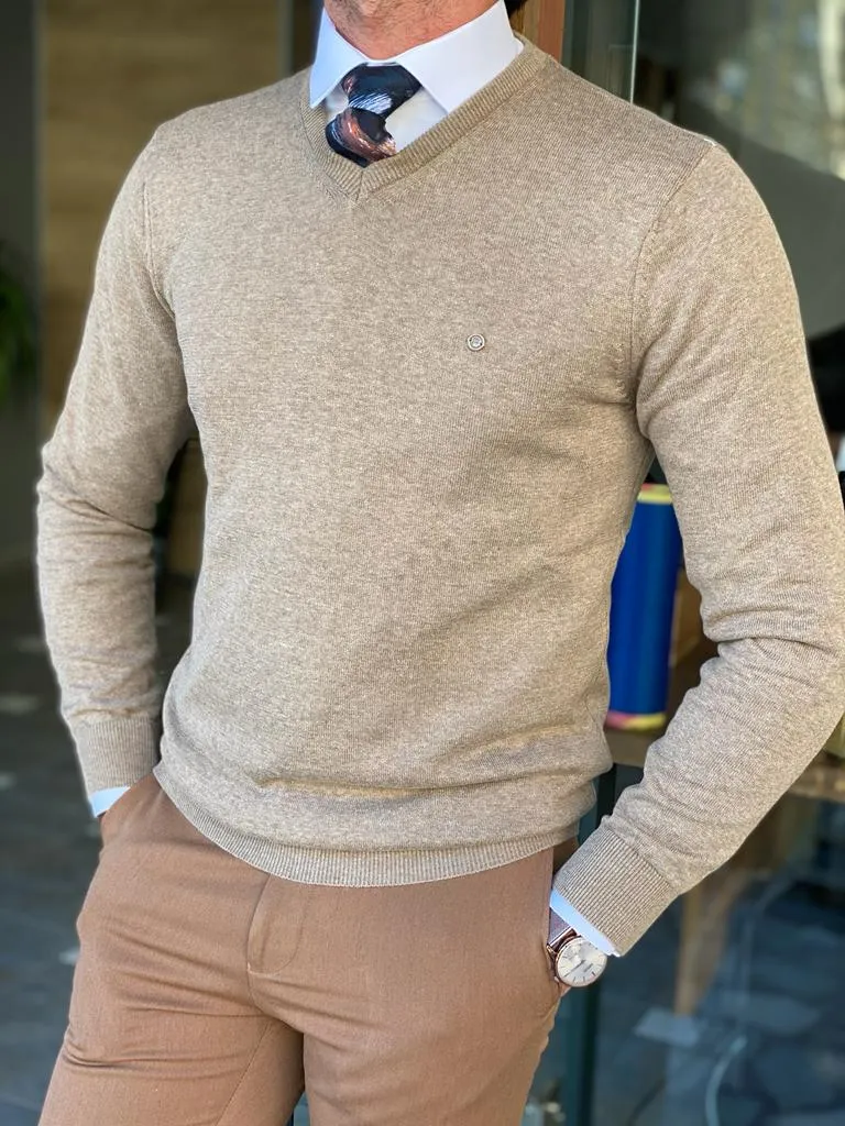 Beige Slim Fit V-Neck Sweater for Men by GentWith.com