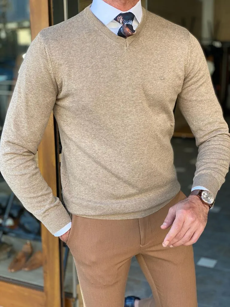 Beige Slim Fit V-Neck Sweater for Men by GentWith.com