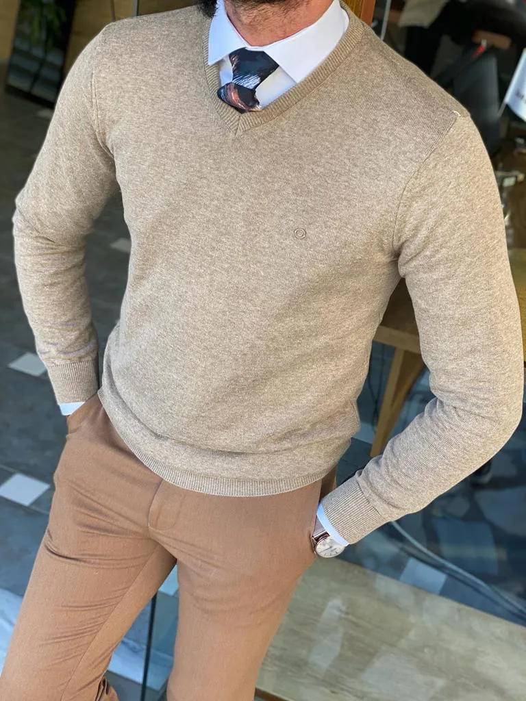 Beige Slim Fit V-Neck Sweater for Men by GentWith.com