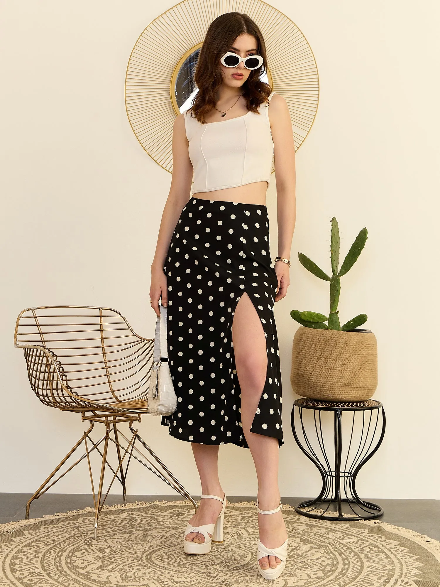 Berrylush Women Black & White Polka Dot Printed High-Rise Waist Thigh-High Slit Straight Hem A-line Midi Skirt