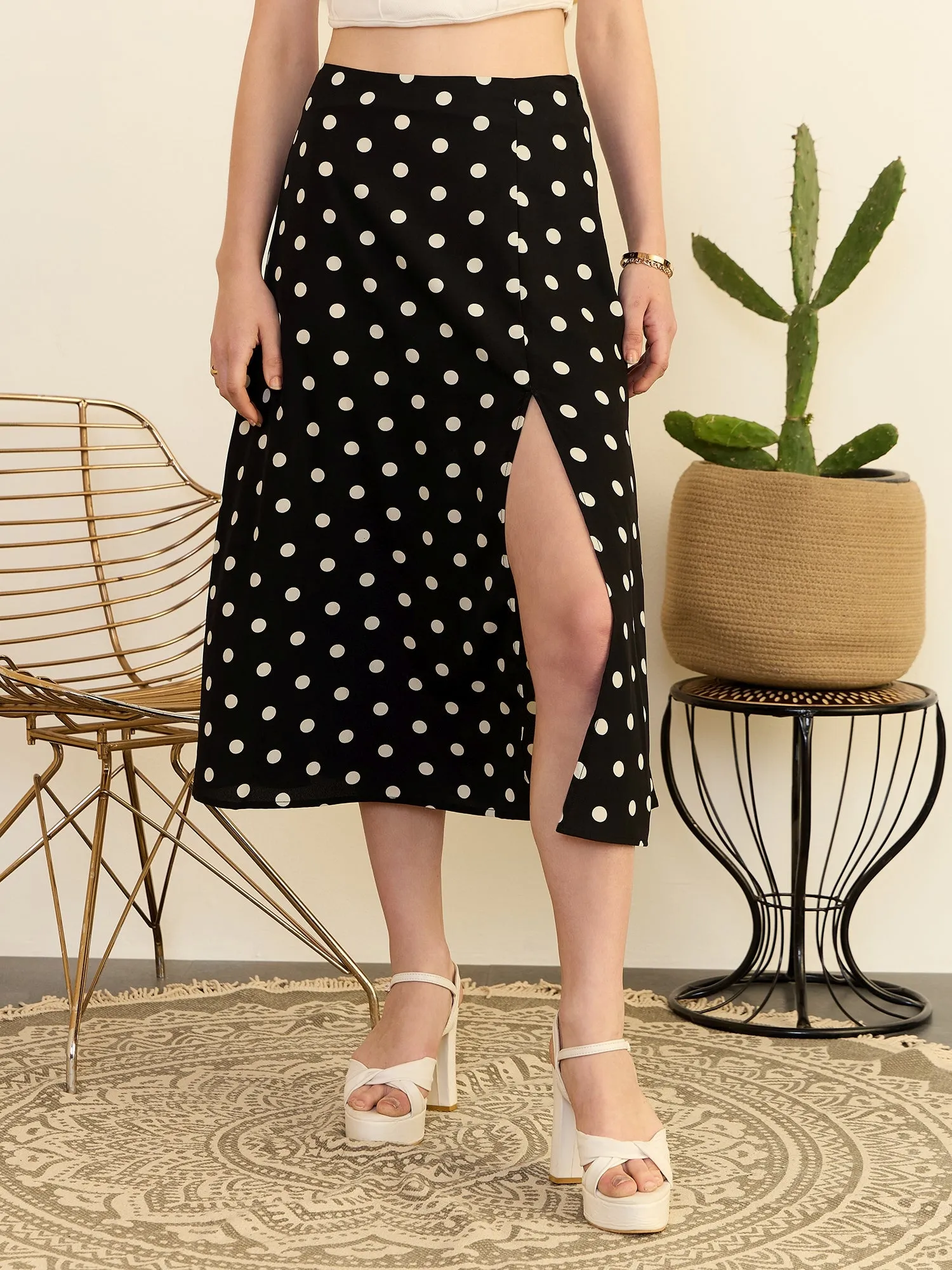 Berrylush Women Black & White Polka Dot Printed High-Rise Waist Thigh-High Slit Straight Hem A-line Midi Skirt