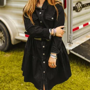 Black Denim Button Down Long Sleeve layered Dress at Bourbon Cowgirl