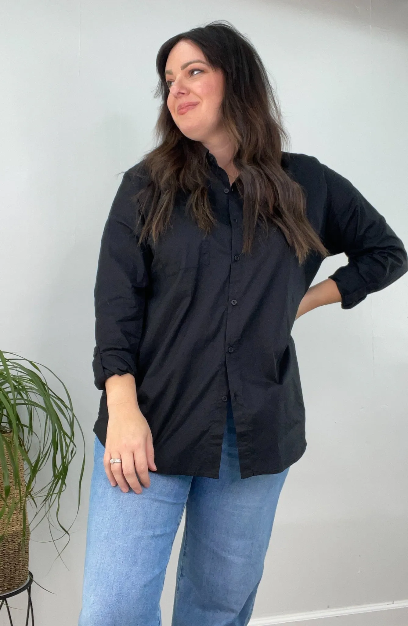 Black Oversized Basic Button Down Blouse