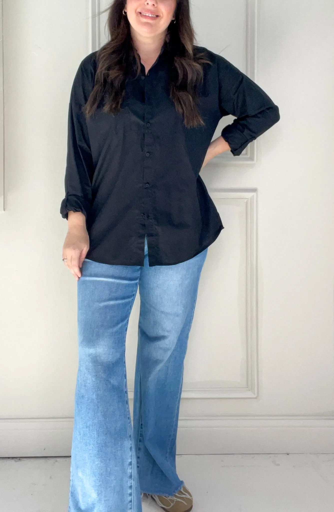 Black Oversized Basic Button Down Blouse