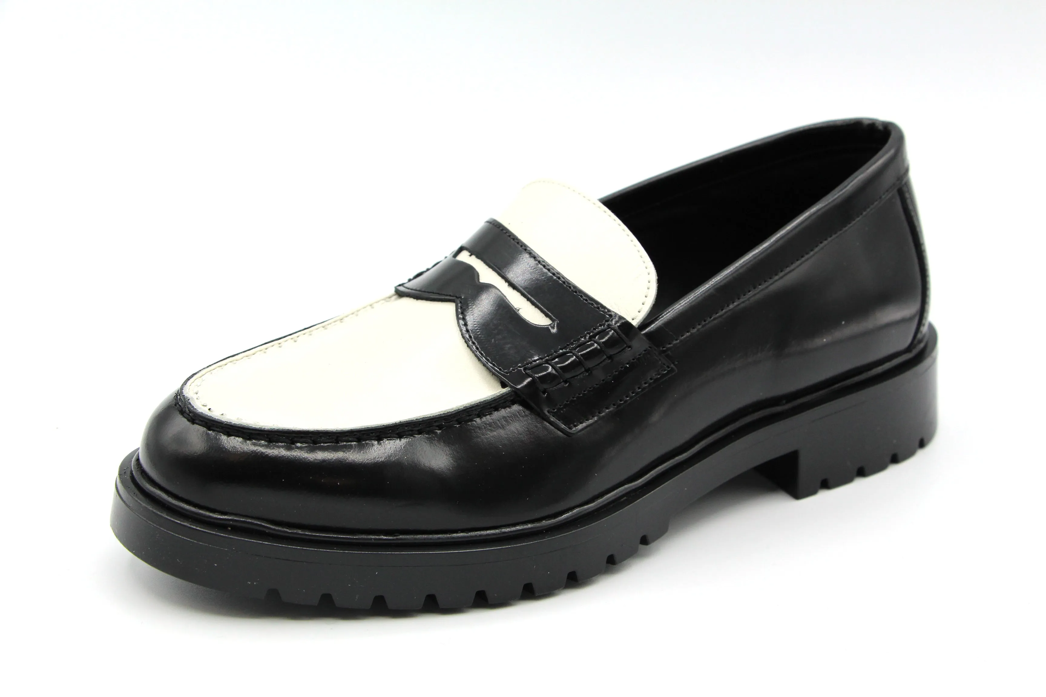 Blublonc   Black-White High Shine Chunky Penny Loafer  Heidi-B