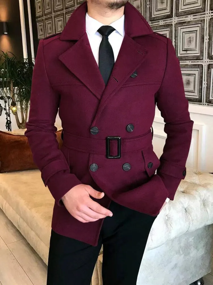 Bonsir Lapel Double Row Button Casual Trench Coat Woolen Coat with Belt Men's Trench Coat Autumn Men's Woolen Business Jacket