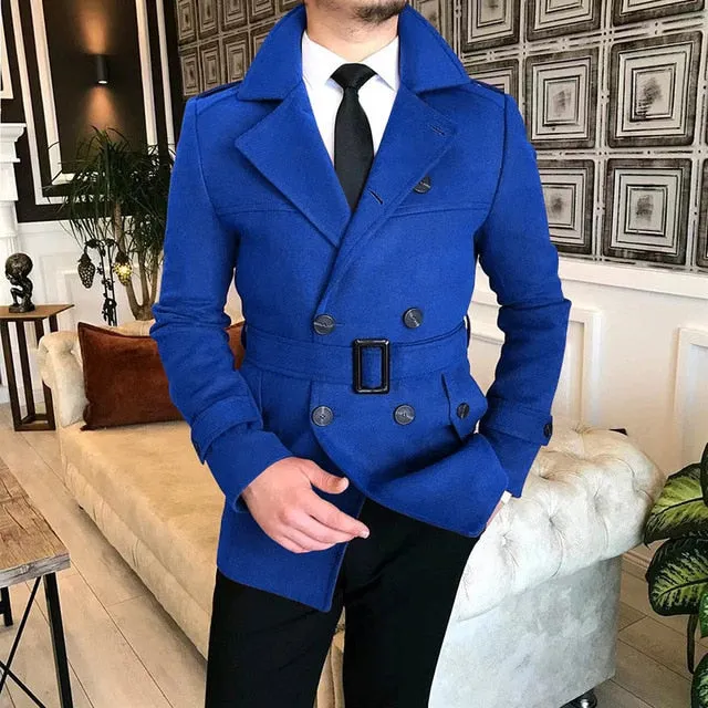 Bonsir Lapel Double Row Button Casual Trench Coat Woolen Coat with Belt Men's Trench Coat Autumn Men's Woolen Business Jacket