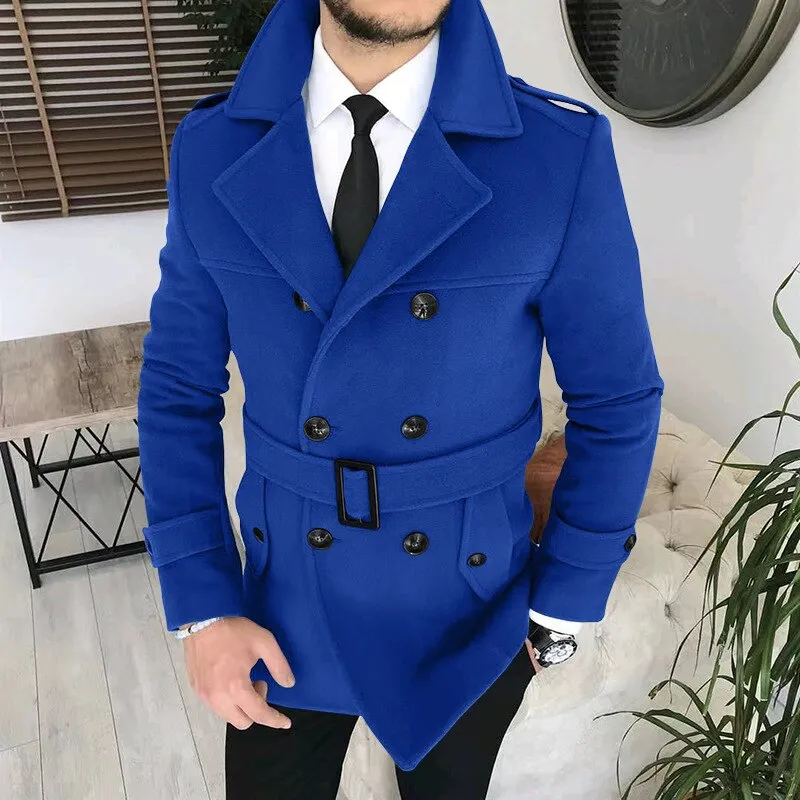 Bonsir Lapel Double Row Button Casual Trench Coat Woolen Coat with Belt Men's Trench Coat Autumn Men's Woolen Business Jacket