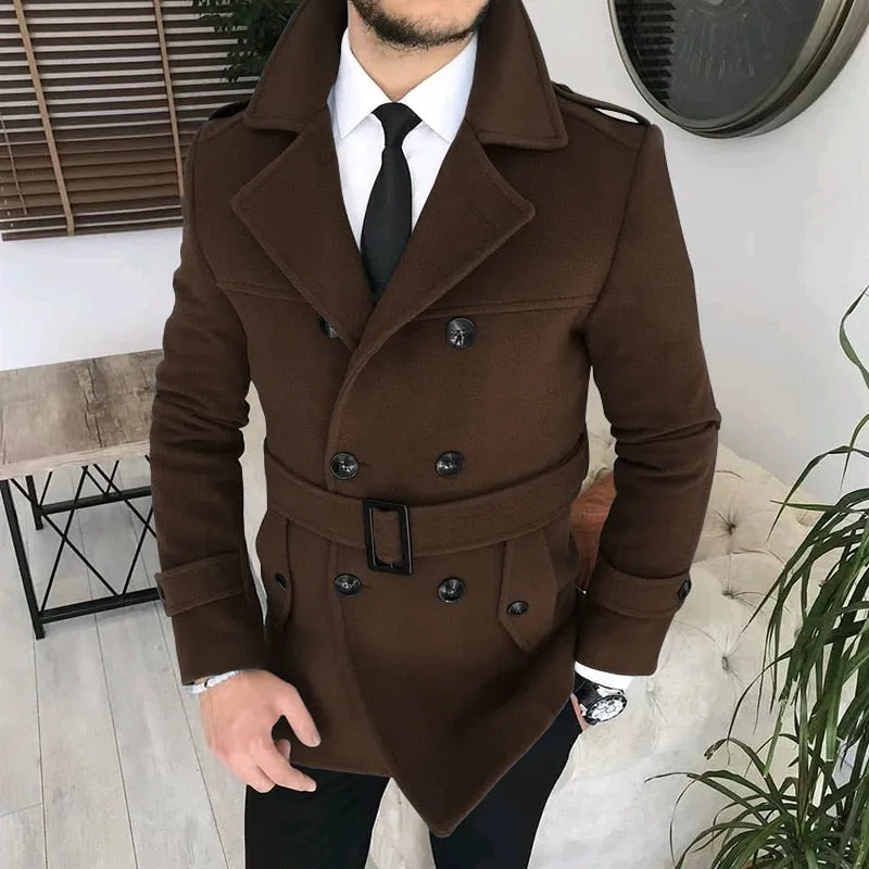 Bonsir Lapel Double Row Button Casual Trench Coat Woolen Coat with Belt Men's Trench Coat Autumn Men's Woolen Business Jacket