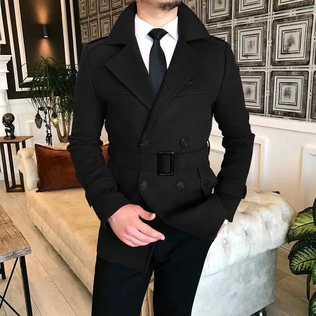 Bonsir Lapel Double Row Button Casual Trench Coat Woolen Coat with Belt Men's Trench Coat Autumn Men's Woolen Business Jacket