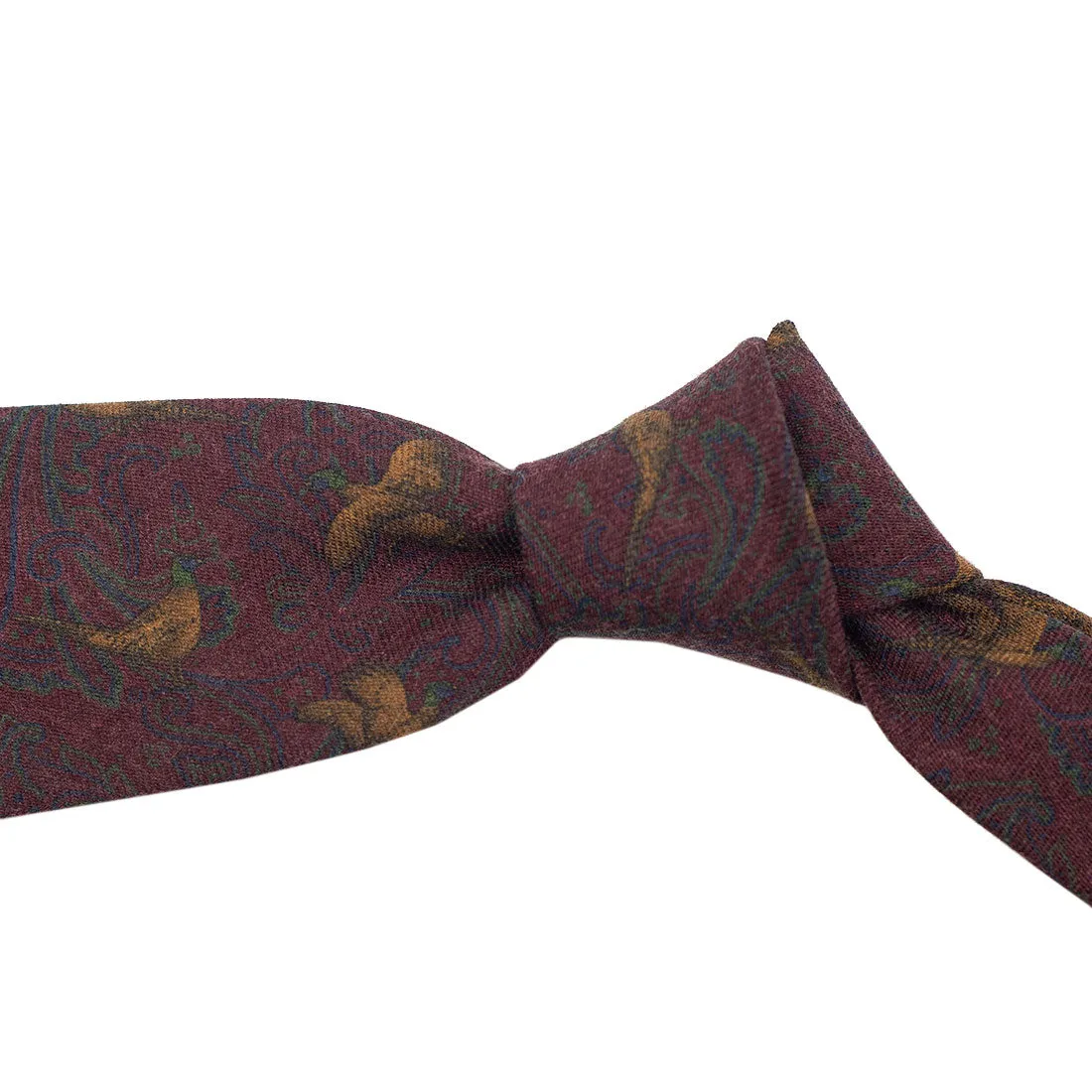 Burgundy wool challis tie with gold & green bird print