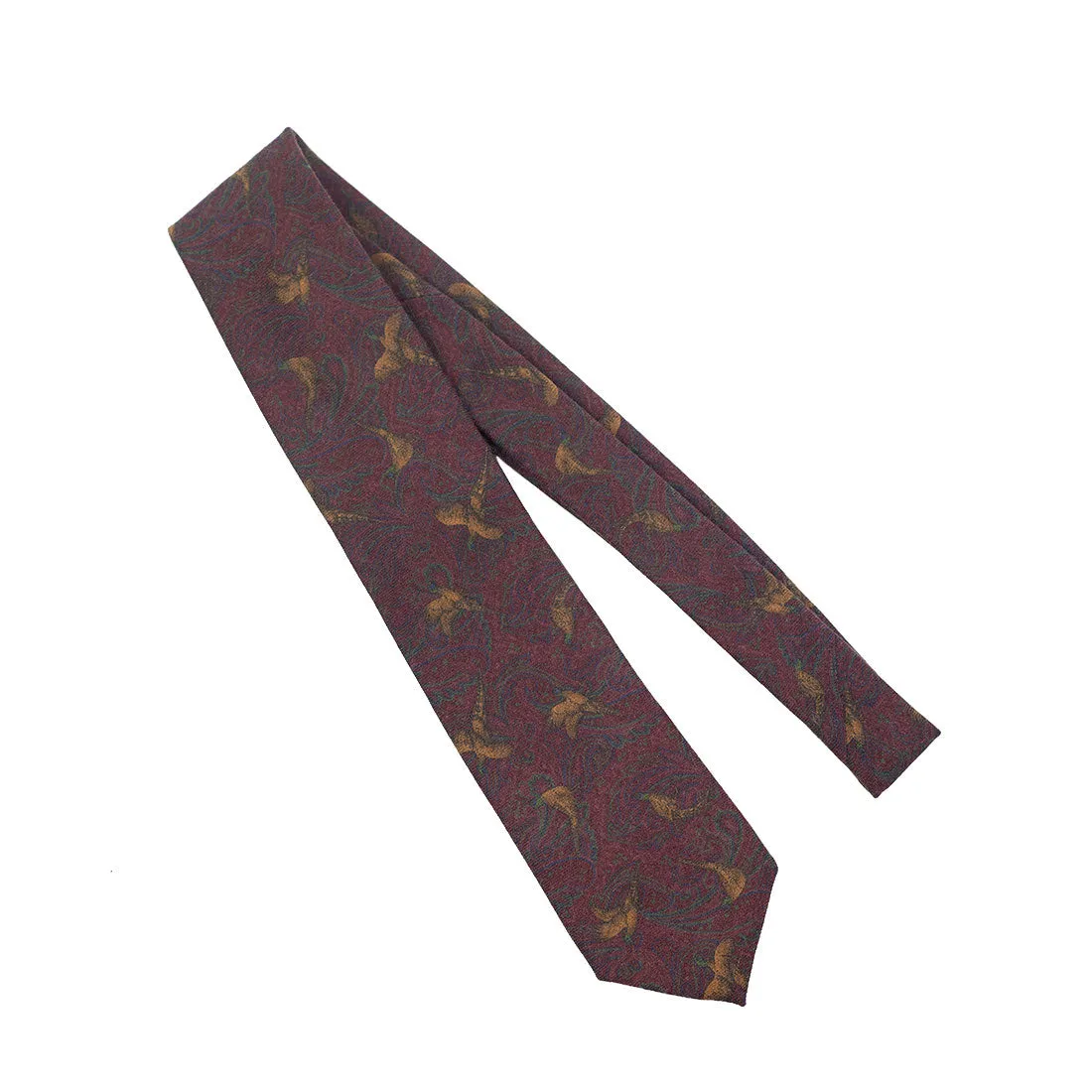 Burgundy wool challis tie with gold & green bird print