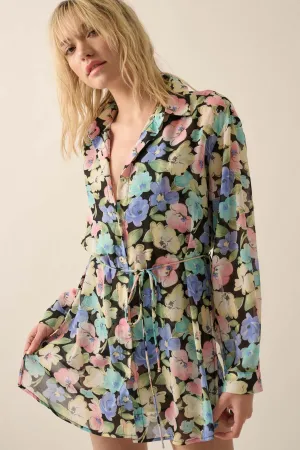 Chromatic Petals Floral Belted Shirt Romper