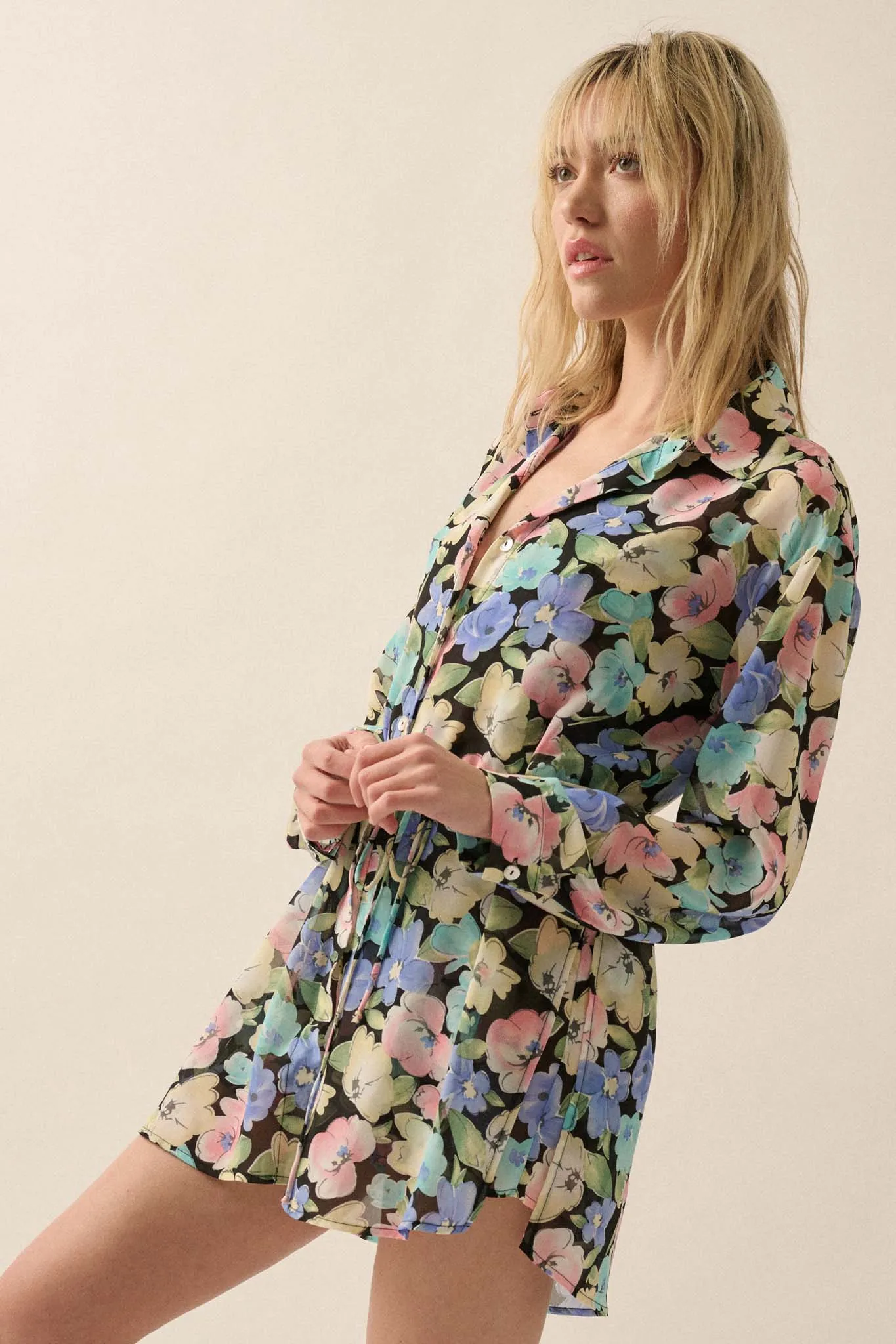 Chromatic Petals Floral Belted Shirt Romper