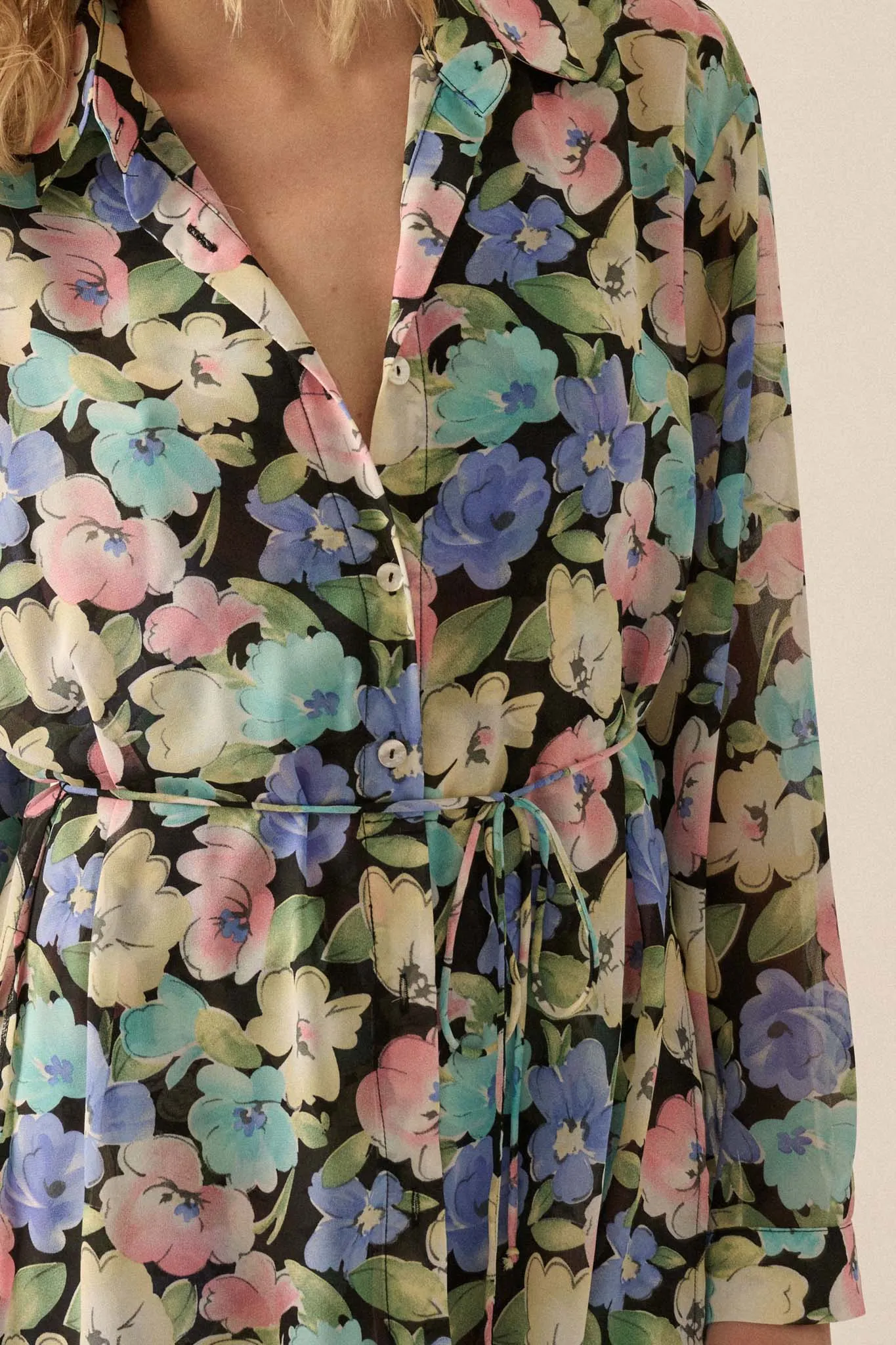 Chromatic Petals Floral Belted Shirt Romper