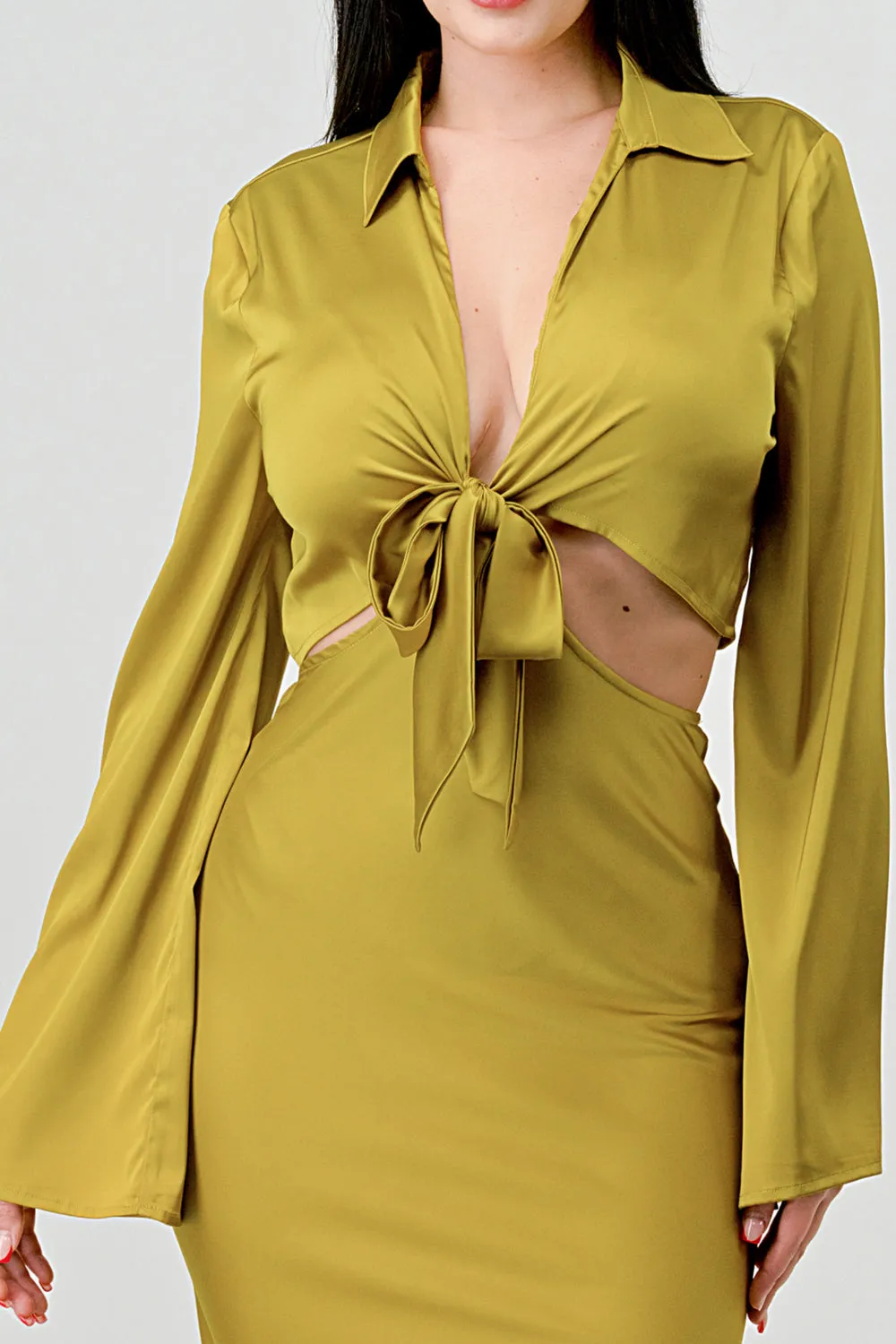 CLASSY SATIN FRONT TIE LONG SLEEVE MIDI DRESS