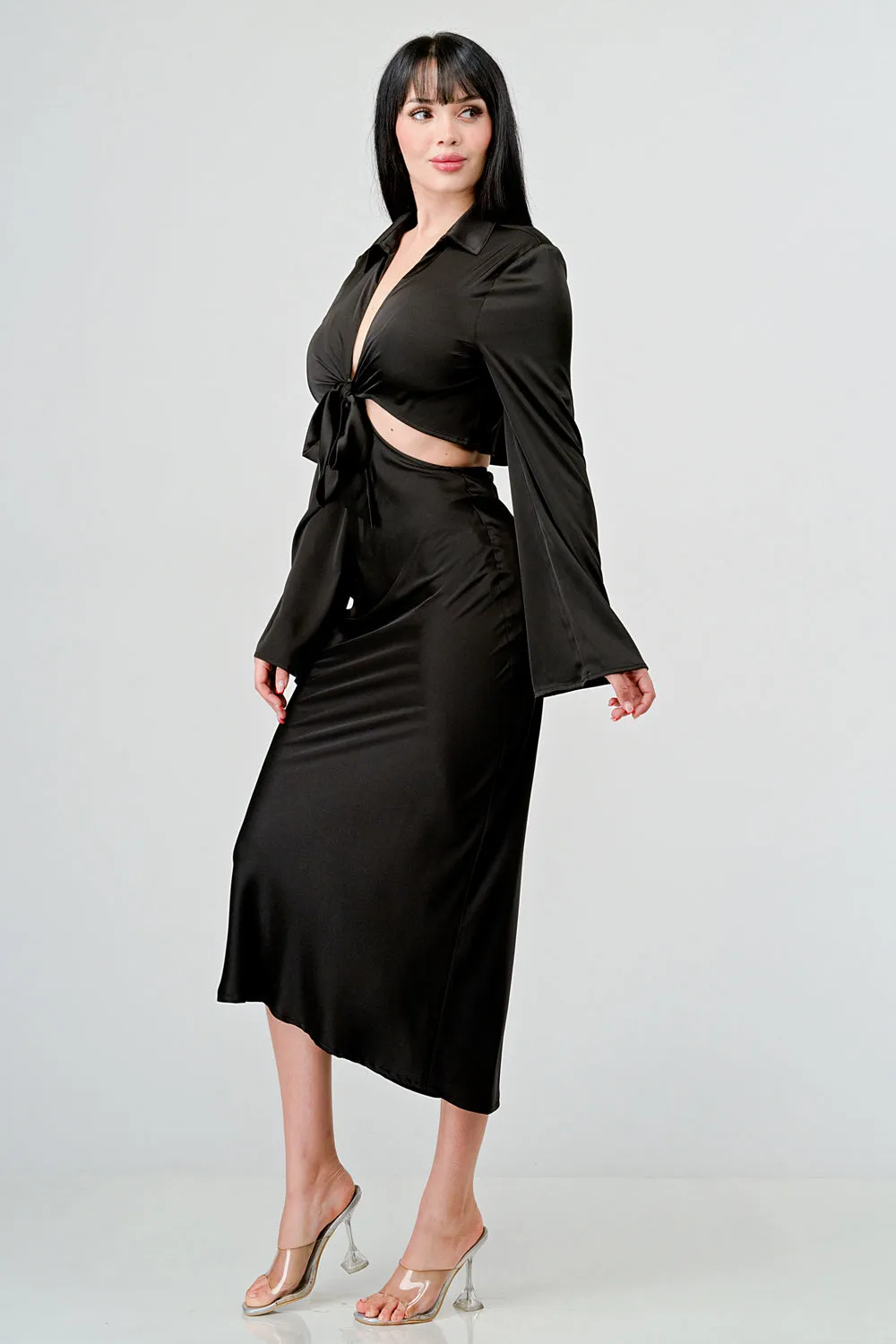 CLASSY SATIN FRONT TIE LONG SLEEVE MIDI DRESS