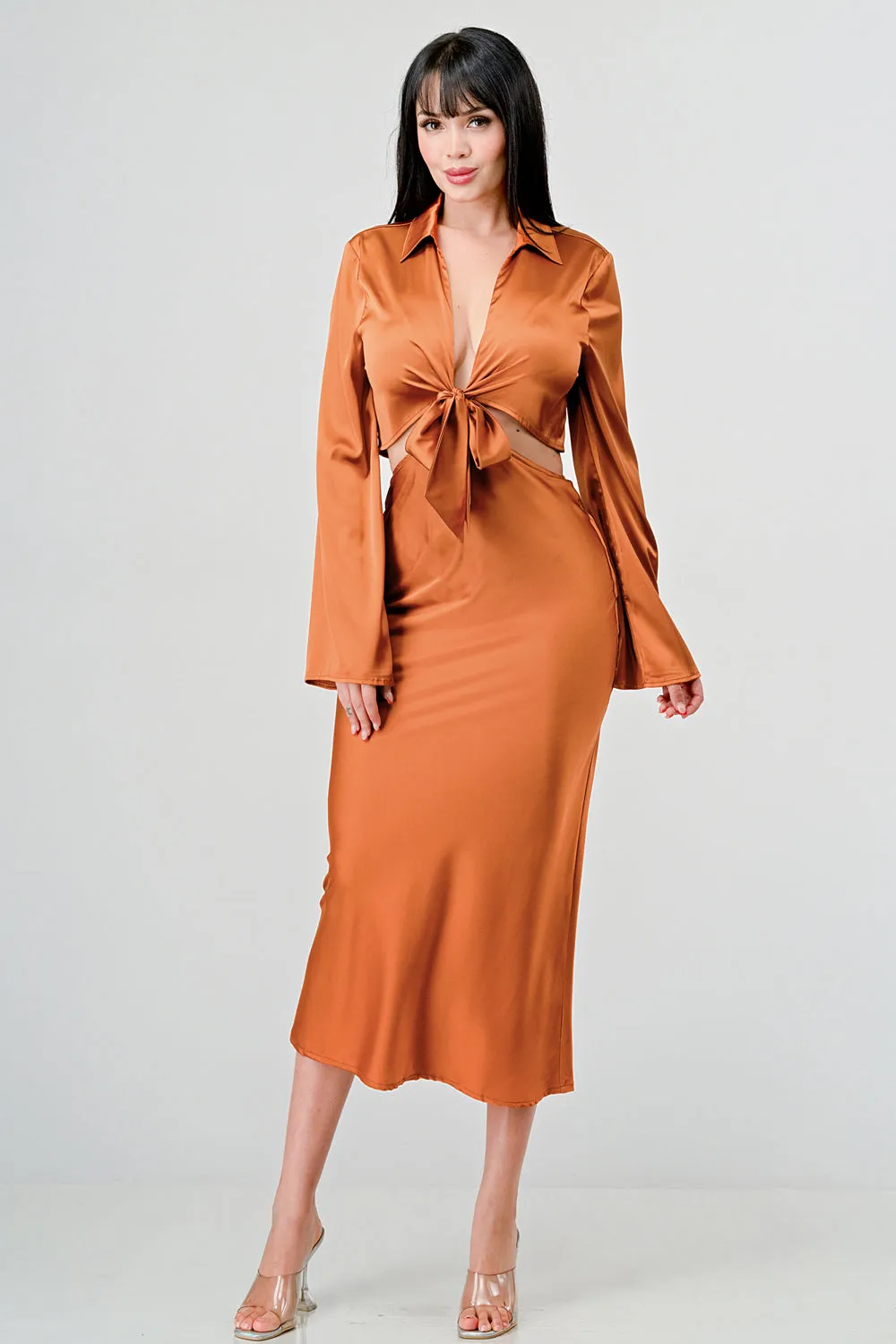 CLASSY SATIN FRONT TIE LONG SLEEVE MIDI DRESS