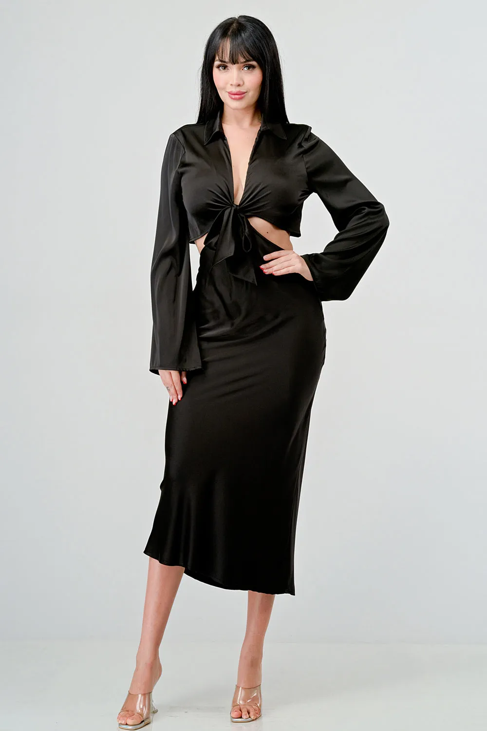 CLASSY SATIN FRONT TIE LONG SLEEVE MIDI DRESS