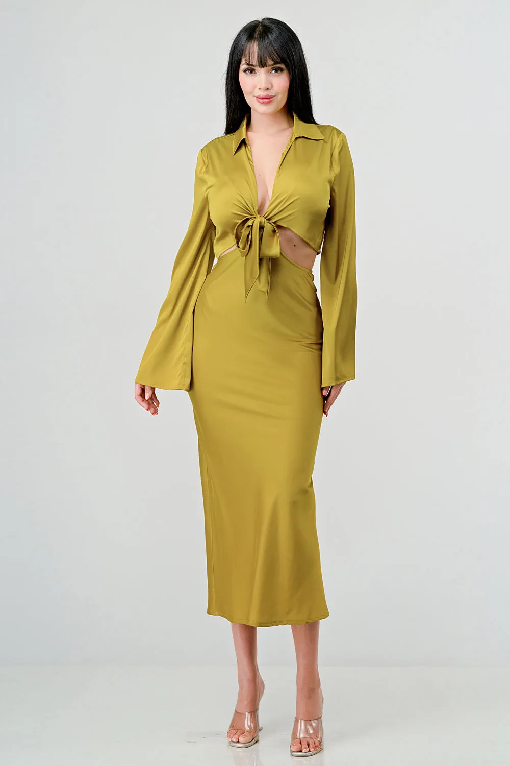 CLASSY SATIN FRONT TIE LONG SLEEVE MIDI DRESS