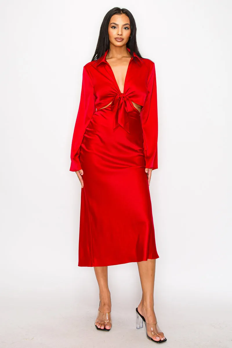 CLASSY SATIN FRONT TIE LONG SLEEVE MIDI DRESS