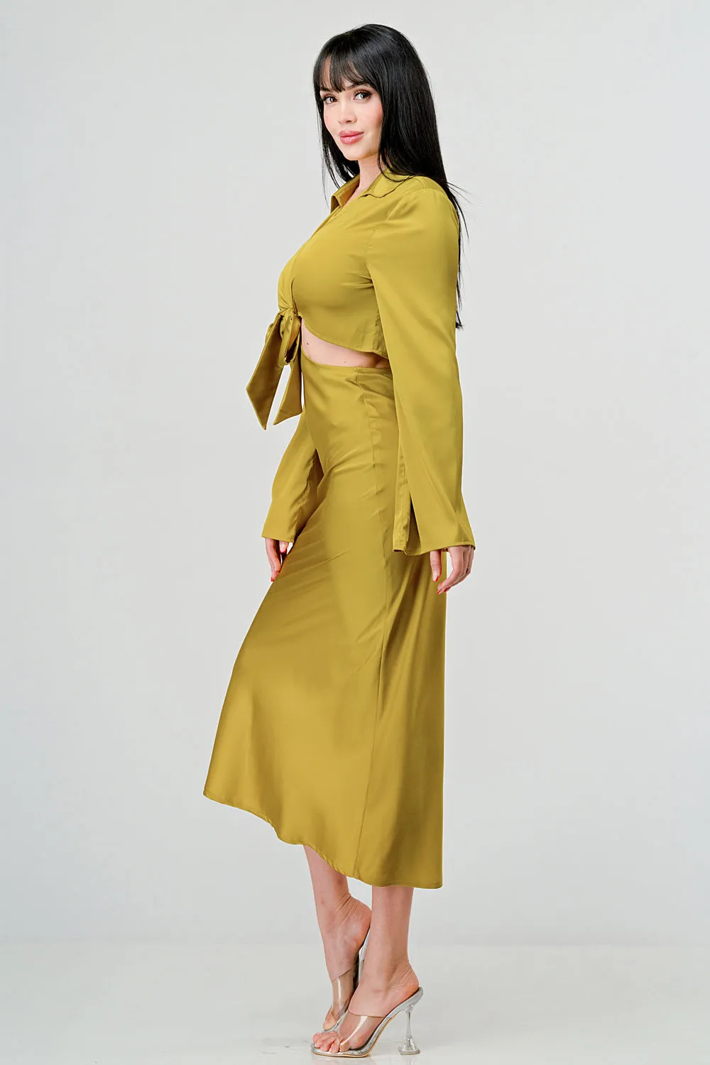 CLASSY SATIN FRONT TIE LONG SLEEVE MIDI DRESS