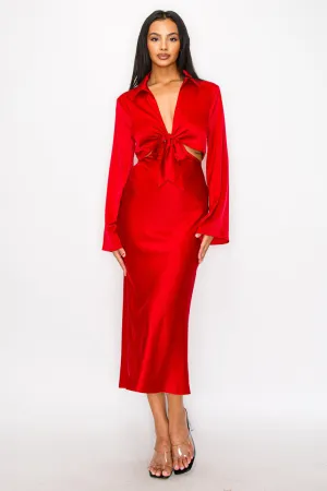 CLASSY SATIN FRONT TIE LONG SLEEVE MIDI DRESS