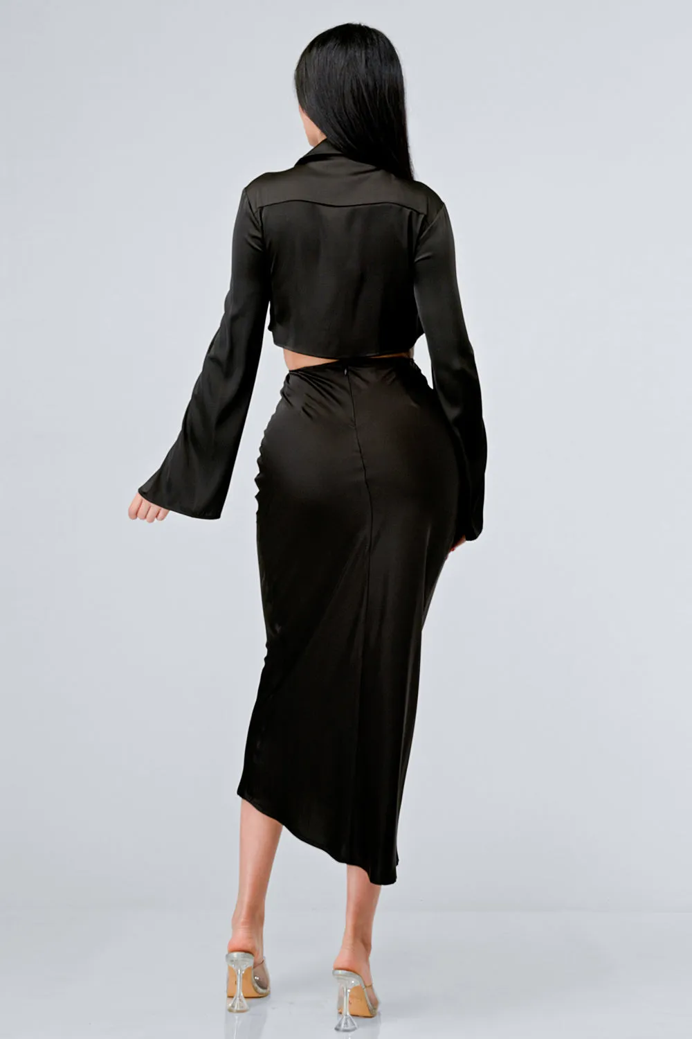 CLASSY SATIN FRONT TIE LONG SLEEVE MIDI DRESS