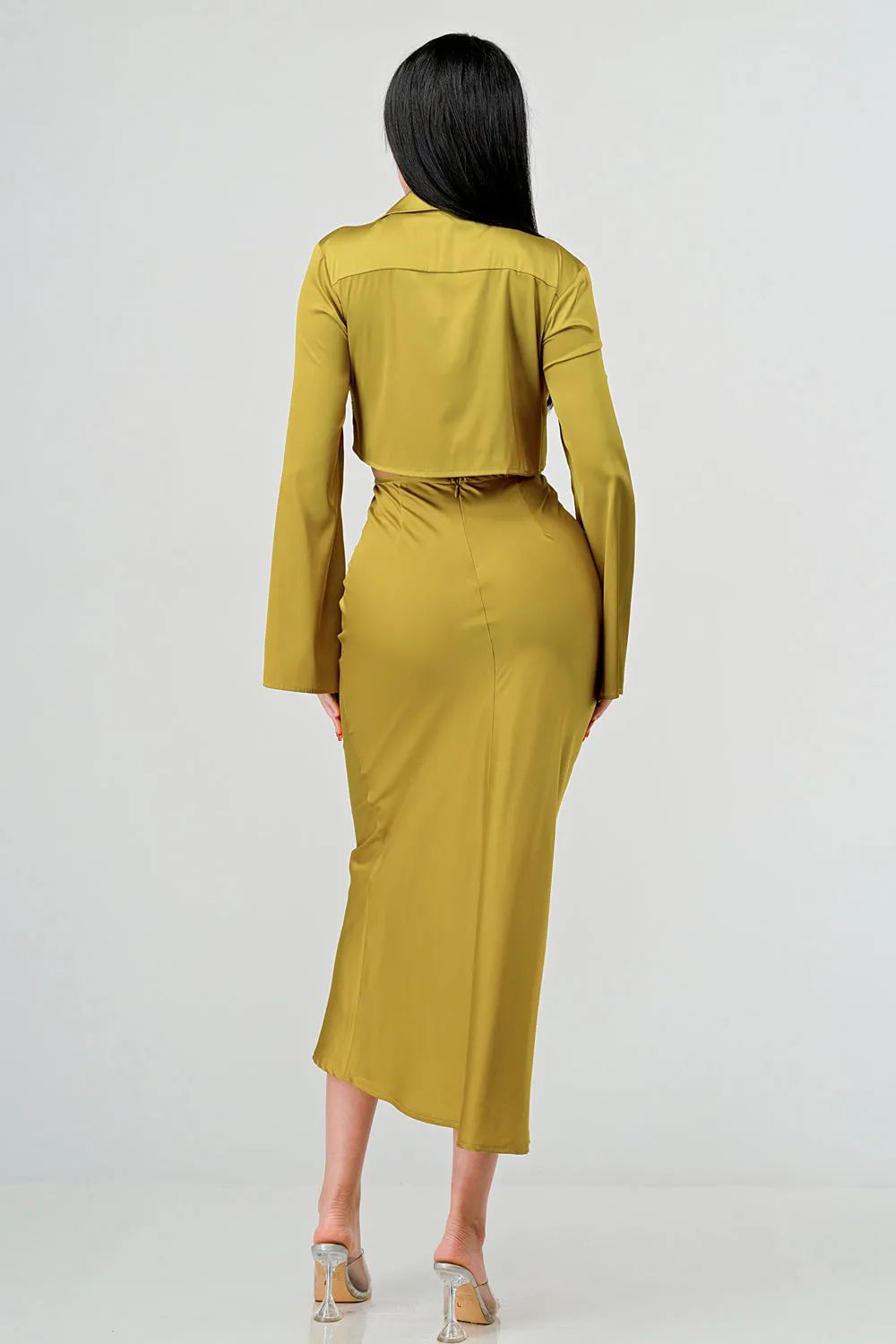 CLASSY SATIN FRONT TIE LONG SLEEVE MIDI DRESS