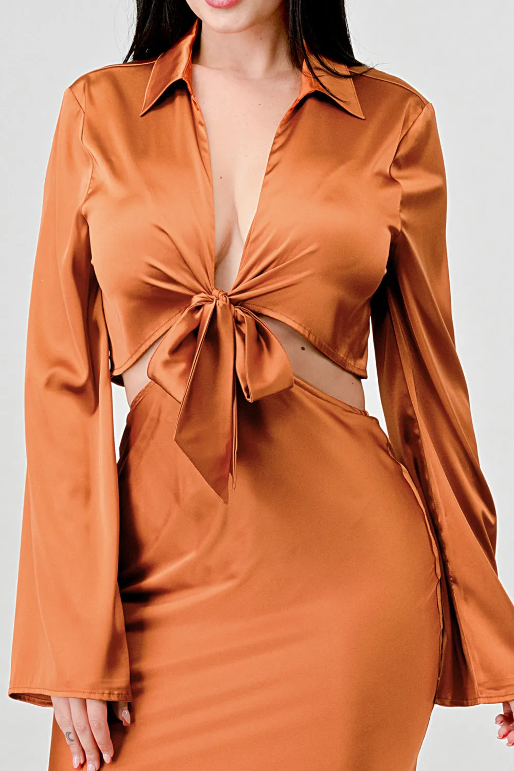 CLASSY SATIN FRONT TIE LONG SLEEVE MIDI DRESS