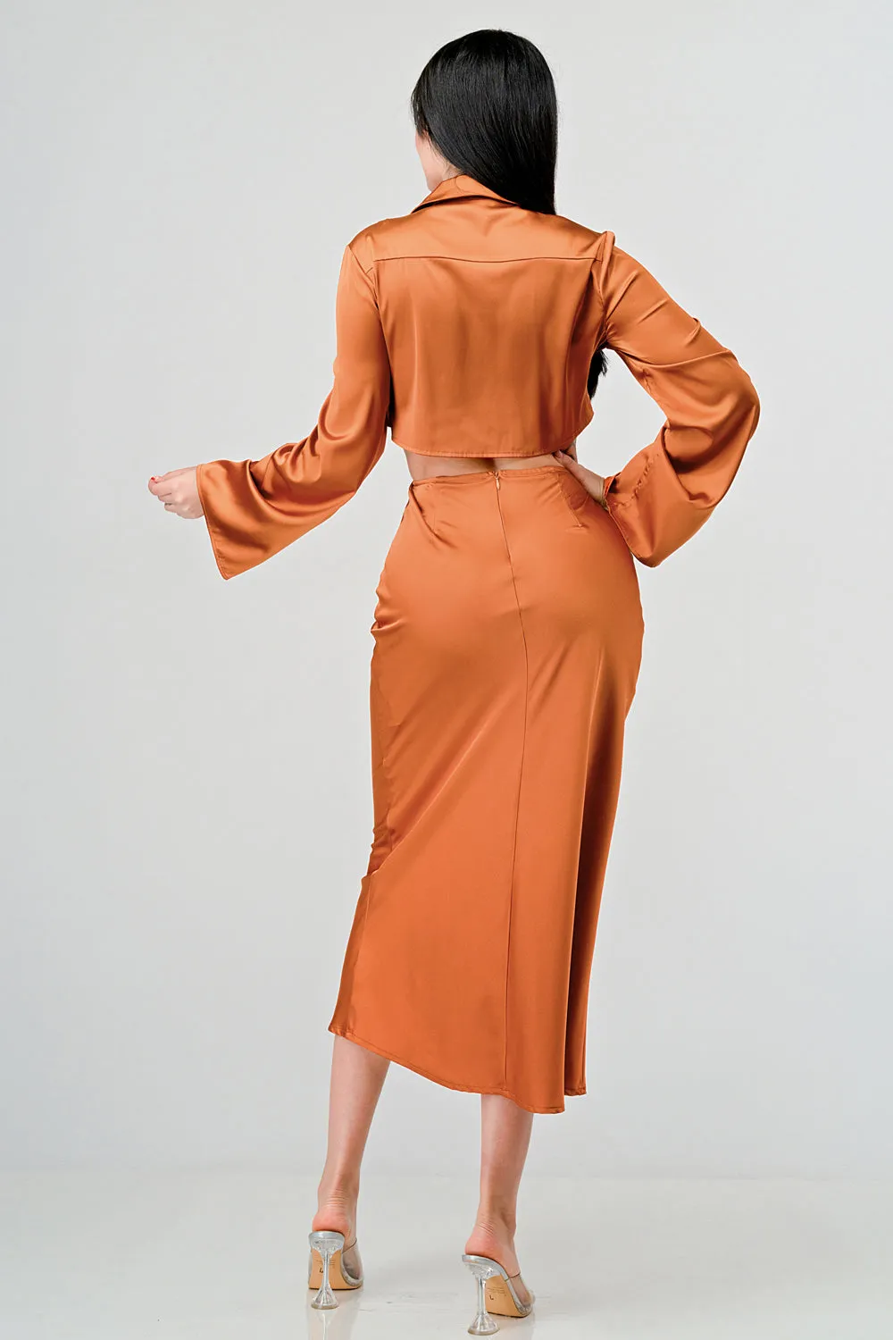 CLASSY SATIN FRONT TIE LONG SLEEVE MIDI DRESS