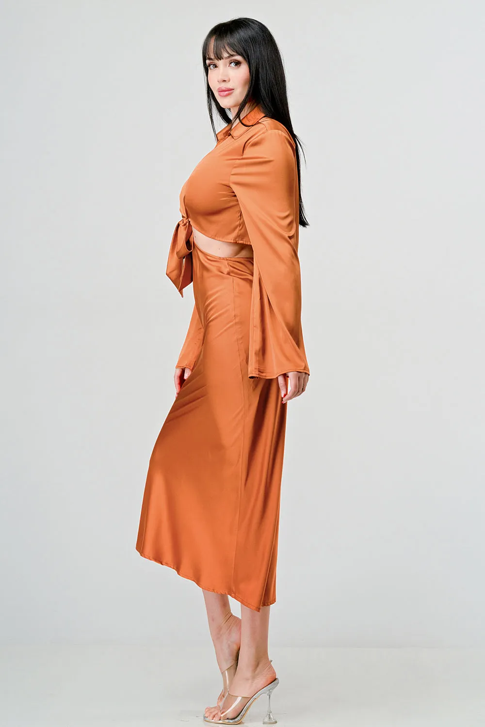 CLASSY SATIN FRONT TIE LONG SLEEVE MIDI DRESS