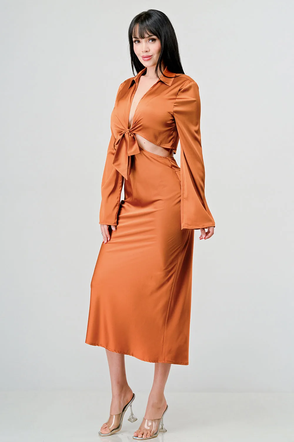 CLASSY SATIN FRONT TIE LONG SLEEVE MIDI DRESS