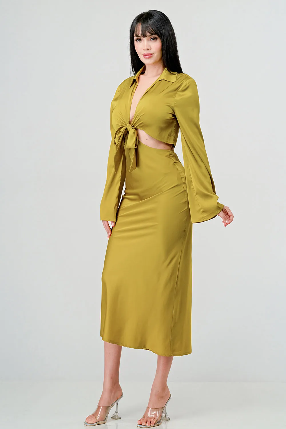 CLASSY SATIN FRONT TIE LONG SLEEVE MIDI DRESS