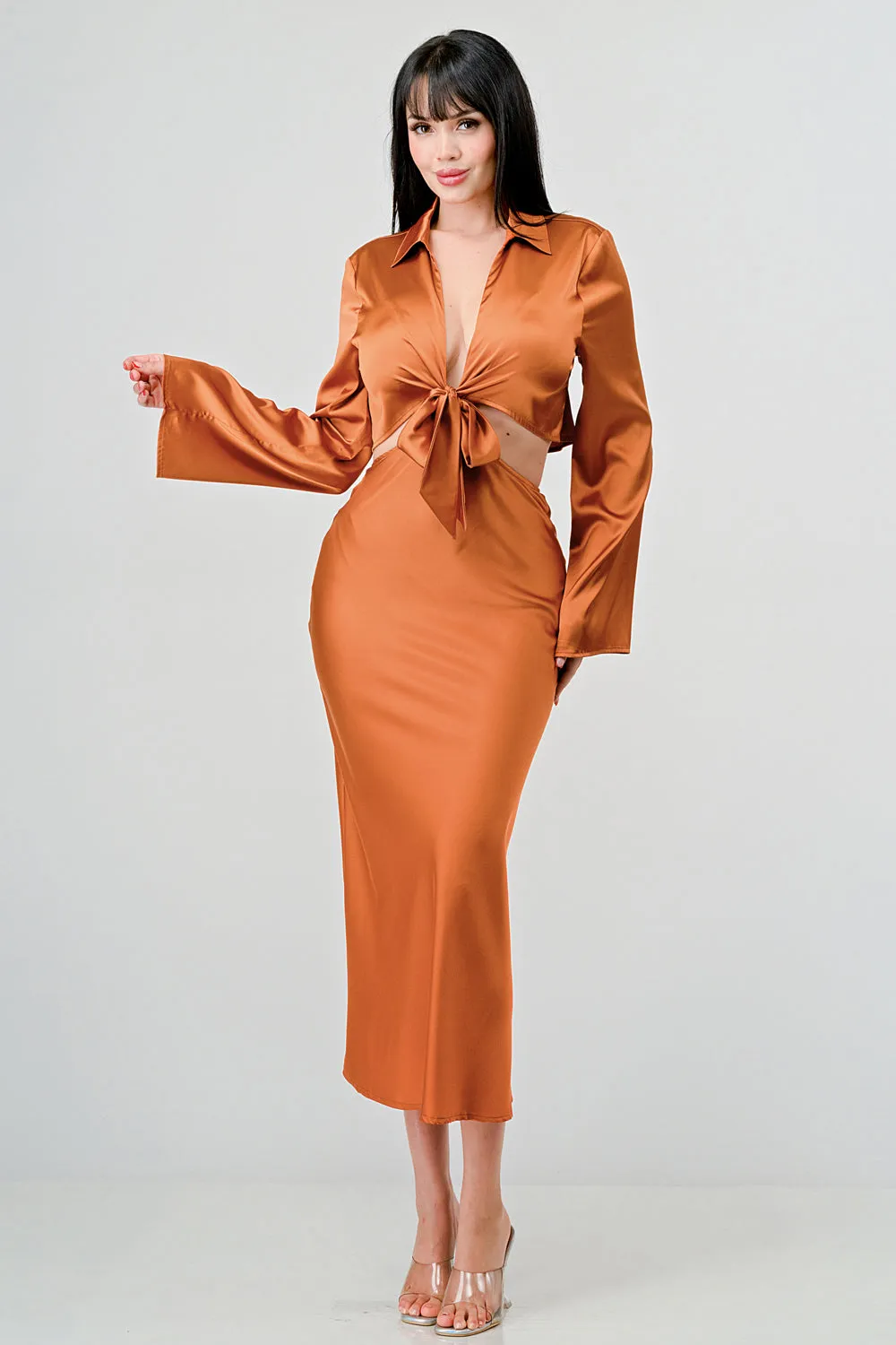 CLASSY SATIN FRONT TIE LONG SLEEVE MIDI DRESS