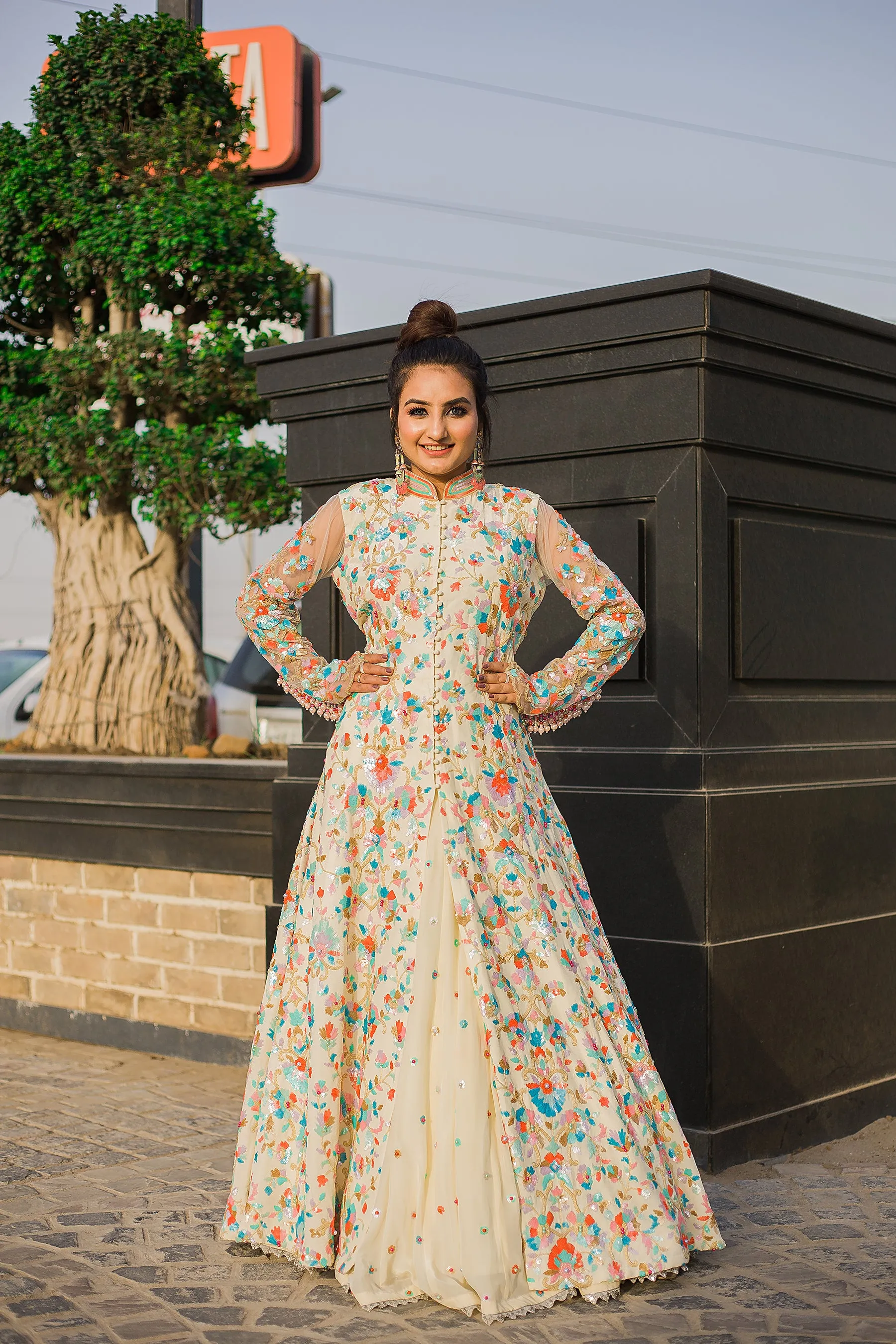 Cream Floral Buttoned-Down Anarkali