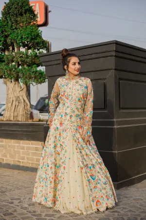 Cream Floral Buttoned-Down Anarkali