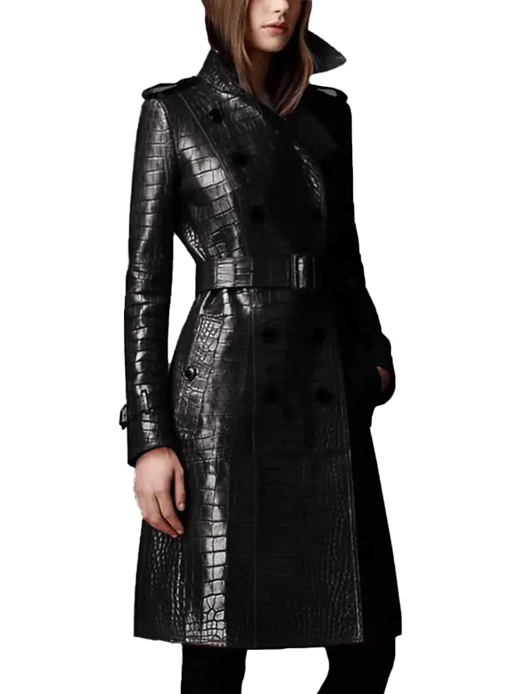 Crocodile Pattern PU Trench Coat