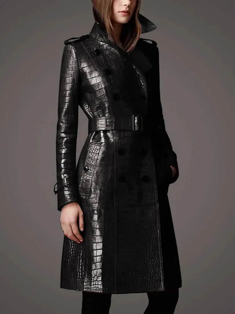 Crocodile Pattern PU Trench Coat