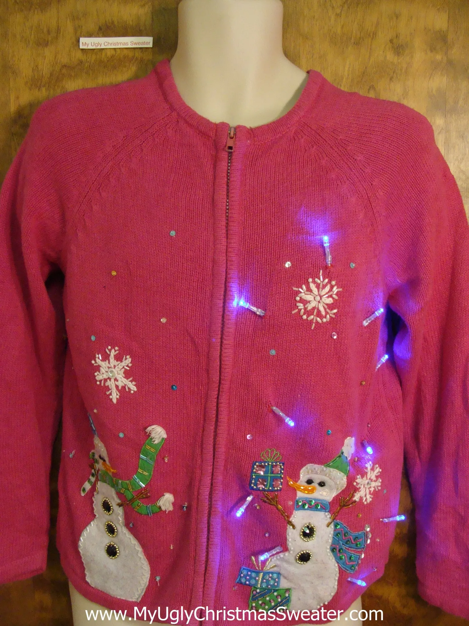 CUTE Pink Light Up Cheesy Christmas Sweater with Snowmen